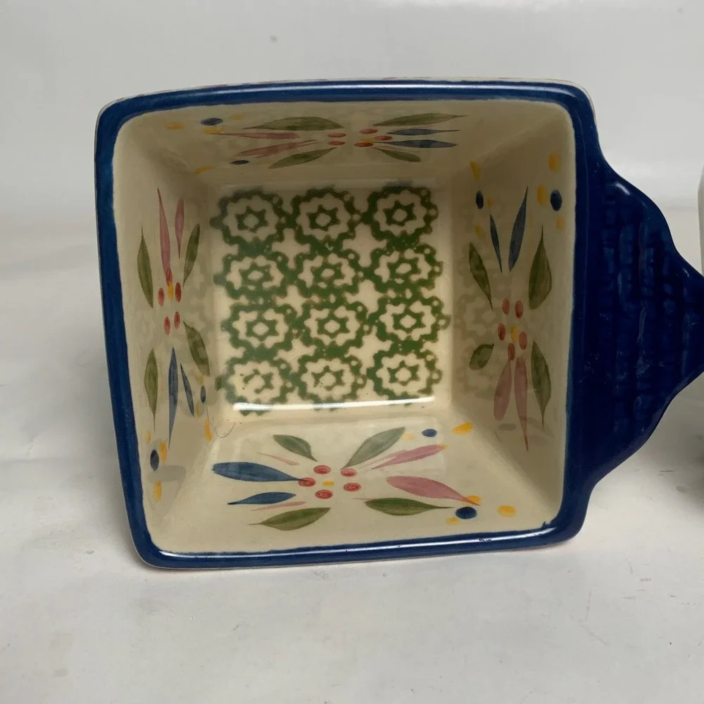 Temp-tations Ramekin Set 3 Old World Floral Square 10oz Ceramic Blue EUC